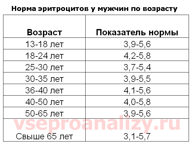 Уровень эритроцитов в норме у мужчин по возрасту Таблица содержит данные об оптимальном содержании эритроцитов в крови мужчины в зависимости от возраста